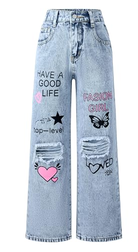Girls Ripped Jeans Wide Leg Distressed Denim Pants Straight Leg Loose Trousers Elastic Waist Y2K Pant 5-14 Years