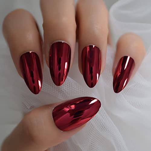 Ladgbp Press On Nails Medium Almond False Nails Bright Red Pre-Designed Glossy Claret Full Cover Metallic Chrome Mirror Fake Nail 24Pcs Stick On Tips Manicure For Party Dating Ladies Girls #TOP4
