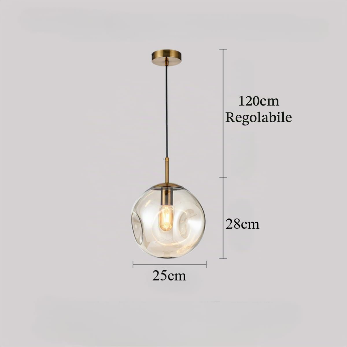 Lampada a sospensione sferica con sfera di vetro, base dorata e lampada da soffitto a sospensione con globo in vetro (25cm, Ambra)