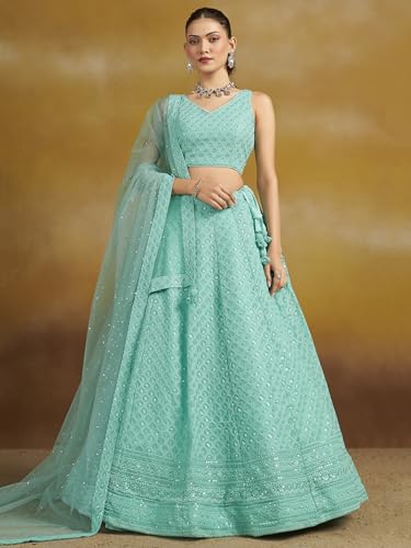 Image of Zeel Clothing Women's Sequins Thread Embroidered Georgette Lehenga Choli With Dupatta (5124-Women-Lehenga-Choli-New; Free size)