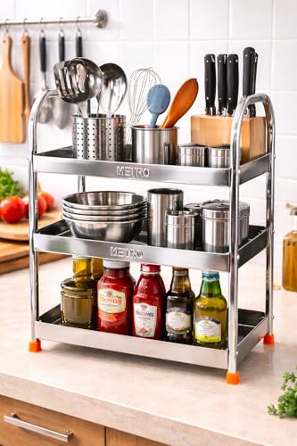 Image of appeasy Stainless Steel 3 Tier Kitchen Storage Rack | Countertop Organizer Shelf for Utensils, Spice Jars, Bottles & Crockery