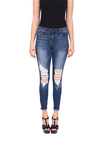 Cello Jeans Women Middle Rise Knee Distressed Cropped Skinny Jeans with Fray Hem 1 Dark Denim