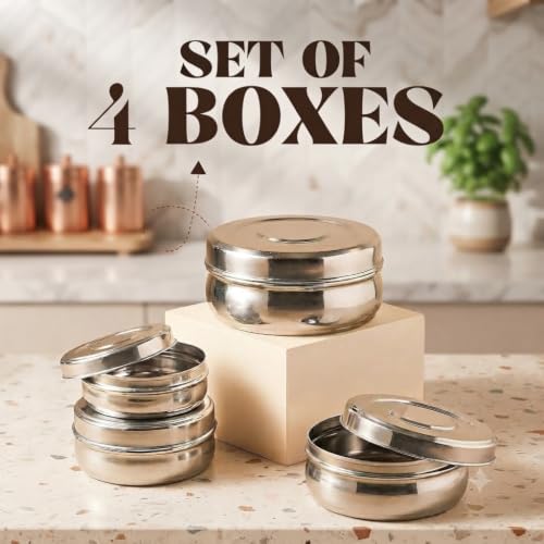 Image of Set of 4 Stainless Steel Puri Dabba with Lids Food Storage Containers for Roti, Chapati, Dry Fruits, Snacks & Kitchen Storage Lunch Box Stackable Steel Canisters 250ml, 350ml, 500ml & 700ml