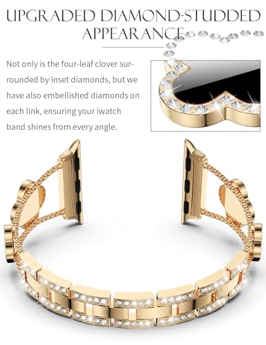 CTYBB Bling Diamond Band Compatible with Apple Watch Bands for Women 40mm 41mm 38mm 42mm Series 11 10 9 8 7 6 5 4 SE 3 2 1, Sparkle Metal Bracelet Wristband, Cute Lucky Clover Dressy iWatch Band,Gold/Black - Image 3