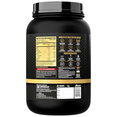 Image of Bigmuscles Nutrition Gold Whey Isolate (1kg, Arabica Coffee) | 27g Whey Protein Isolate 90% | 7 Natural Ingredients Only | 0 Added Sugar | Clean Label Project Purity Award USA