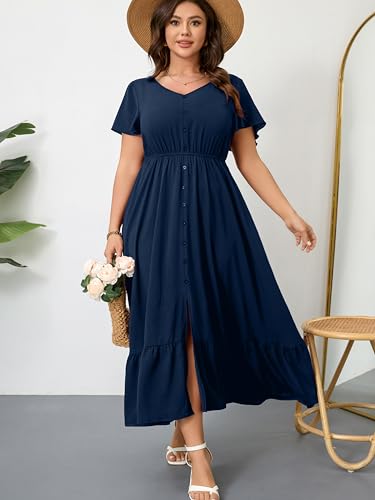 Image of RWJ Women Plus Size Maxi Dress V Neck Short Sleeve Button Trim Split Flowy Tiered Casual Long Dresses 2025 L-3XL