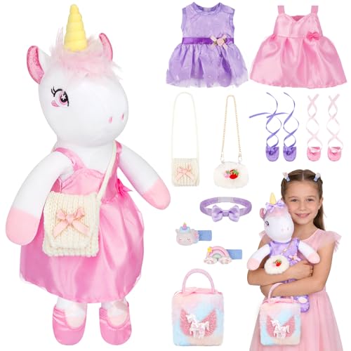 ZeffuLyne Unicorn Toys for Girls Age 4-6, Ballerina Doll Unicorn Stuffed Animal for Girl Age 6-8, Ballet Dress Up Toy with 2 Set Clothes Plush Bag...