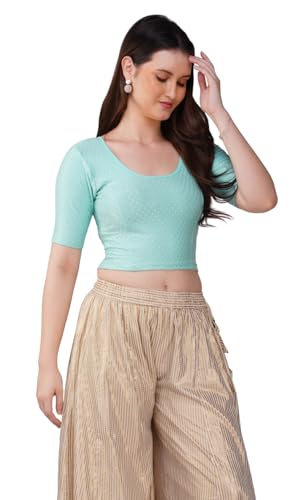 Image of Fressia Fabrics Pure Cotton 4-Way Stretch Readymade Blouse for Women | Free Size to 4XL Stretchable Round Neck Dobby Cotton Half Sleeve Readymade Saree Blouse for Women Stylish