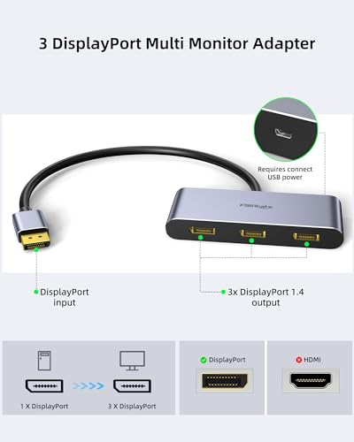 Image of 3 Port DisplayPort 1.4 Splitter - DisplayPort MST Hub Monitor Splitter, Supports Single 8K, Dual 4K 120Hz, 60Hz and 1080p 60Hz - Windows Only