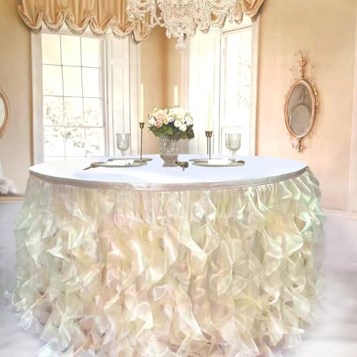 Image of Luxury Organza Mesh Table Skirt Draping Floating Romance - Perfect for Bridal Showers, Birthday Weddings - Clear Flowing Decoration for a Wonderful Main Cake Table (Champagne-9ft, 108 inchLx30 inchH)
