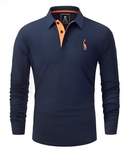 GLESTORE Polo Homme Manches Longues Polos Golf T-Shirt Broderie Girafe Casual Coton Shirt Bleu...