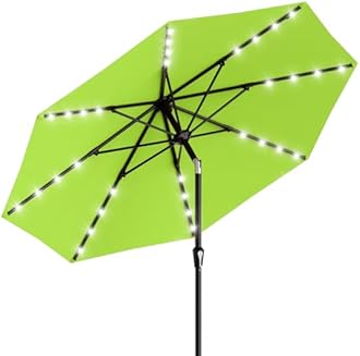 9FT Patio Umbrella with Solar Lights, 32 LED Lighted Pool Umbrella w/Tilt and Crank, Outdoor Market Solar Umbrellas for Garden, Deck, Backyard, Pool and Beach, Apple Green