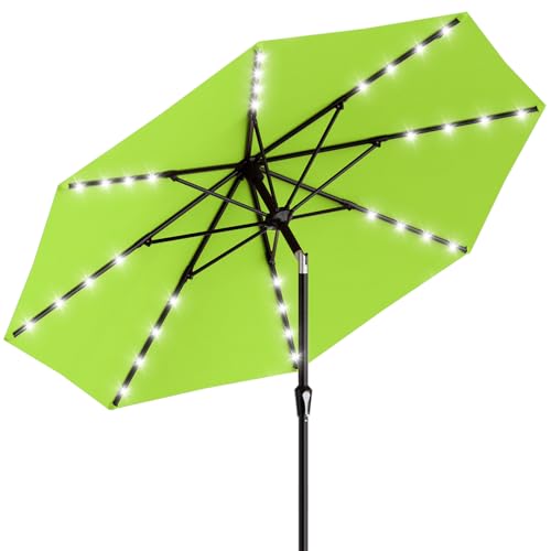 9FT Patio Umbrella with Solar Lights, 32 LED Lighted Pool Umbrella w/Tilt and Crank, Outdoor Market Solar Umbrellas for Garden, Deck, Backyard, Pool and Beach, Apple Green