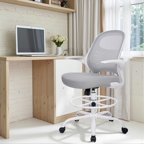Image of HYLONE Tall Drafting Chair Standing Desk Chair with Flip-Up Armrests, Adjustable Height Ergonomic Office Chair with Footrest Ring - High Stool Chair for Standing Desk (Light Grey)