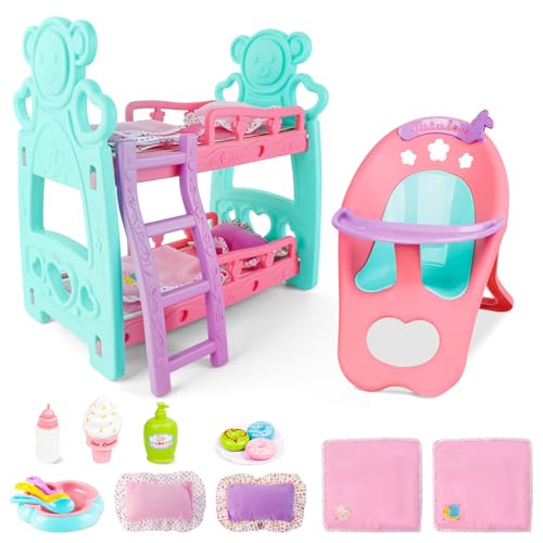 deAO Accesorios Muñecas con Cama Litera de Muñecas,Trona, Almohadas, Edredones, Botellas de Agua, Cubiertos, Muebles para Casas de Muñecas, Cumpleaños