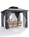 10'X12' Hardtop Gazebo, Galvanized Steel Aluminum Frame with Double Roof, Heavy-Duty Outdoor Patio Gazebo with Curtains & Netting for Backyard, Deck, Porch, Garden, Lawn, Grey