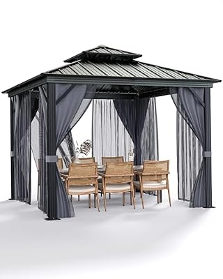 10'X12' Hardtop Gazebo, Galvanized Steel Aluminum Frame with Double Roof, Heavy-Duty Outdoor Patio Gazebo with Curtains & Netting for Backyard, Deck, Porch, Garden, Lawn, Grey