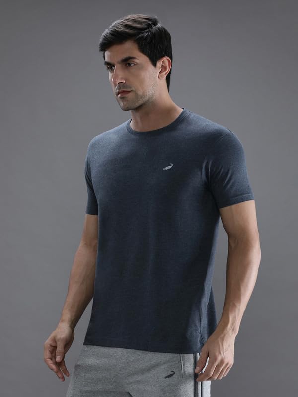 Image of CROCODILE Men Solid Sport Fit T Shirt | Round Neck | Short Sleeve | Regular Length | Basic Casual Pull On Topwear Grey Melange