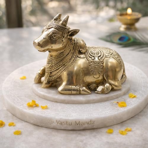 Image of Brass Nandi Bull Statue, Golden, Pure Brass, 11cm x 9cm, Traditional Finish, Vastu Remedy Idol for Home Temple