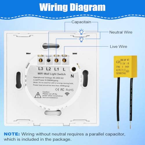 Ainiv Smart Light Switch 2 Gang, WiFi Smart Touch Wall Switch with Capacitor, Multi-Control by Voice/APP Sharing WiFi Switch - Image 3
