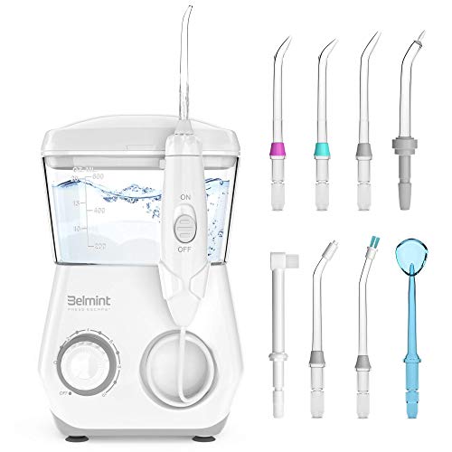 Belmint Flosser de agua para limpieza de dientes - Limpiador de dientes de irrigador oral para aparatos y puentes con 10 presiones ajustables de chorro de agua - 8 puntas multifuncionales Cover