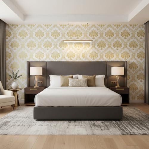 Image of White Golden Luxury Floral Damask Pattern Wallpaper 45x300cm | Self-Adhesive Wall Sticker | Decorative Vinyl Paper for Living Room, Sofa Background & Hallway Decor