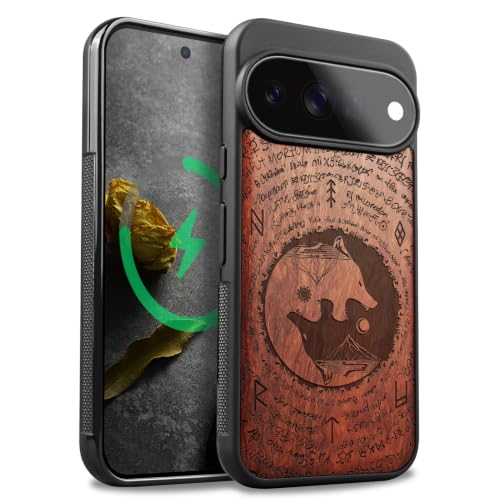 Coque Pixel 11 Pro en bois gravé Loup du Soleil Carveit élégante et antichoc