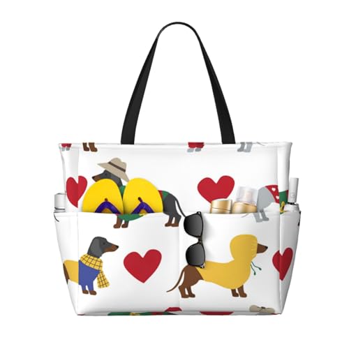 Sac de plage teckel et grand sac fourre-tout à bandoulière pour femme avec poignées