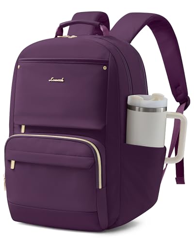 Image of LOVEVOOK Laptop Backpack for Women with Large Capacity Cup Pocket, 15.6 inch Work Purse Travel Bag for Teacher Nurse, Waterproof Computer Business Back Pack, Bookbag for College, Purple