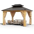 10x12 FT Outdoor Hardtop Gazebo with Double Roof, Netting, and Sunshade Curtains - Durable Aluminum Frame and Heavy-Duty Galvanized Steel Roof for Patio, Garden, Deck, Lawns and Parties - Wood Grain