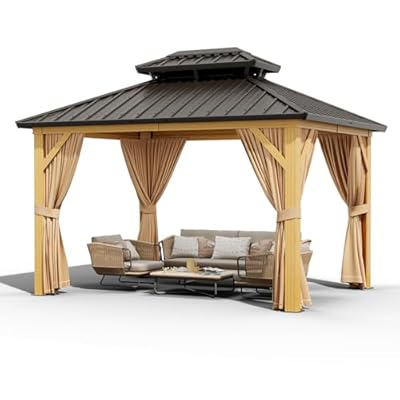 10x12 FT Outdoor Hardtop Gazebo with Double Roof, Netting, and Sunshade Curtains - Durable Aluminum Frame and Heavy-Duty Galvanized Steel Roof for Patio, Garden, Deck, Lawns and Parties - Wood Grain