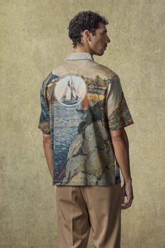 Image of SNITCH Men Yacht Club Luxe Casual Shirt | Regular Fit Half Sleeve Cuban Collar Graphic Print Design | Cotton Lyocell Blend & Breathable Fabric for Resort Wear & Summer Outings