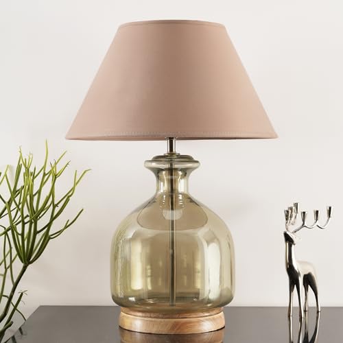 Image of Alper Smoke Luster Glass Table Lamp with Beige Cotton Shade | Modern Designer Bedside & Living Room Decorative Table Light (Bulb Included)