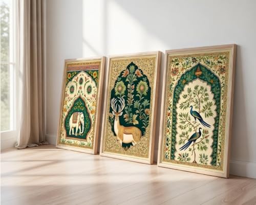 Image of Artify Set of 3 Traditional Mughal Animal Bird Wall Paintings for Living Room Bedroom Home Decor with Premium Wooden Color Synthetic Frame