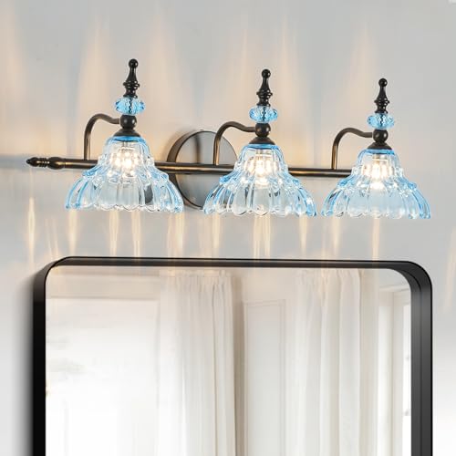 HDDFL Bathroom Vanity Lights Bathroom Lighting Fixtures Over Mirror Matte Black and Blue 3 Lights Modern Wall Sconces for Bedroom Dressing Room Living Room