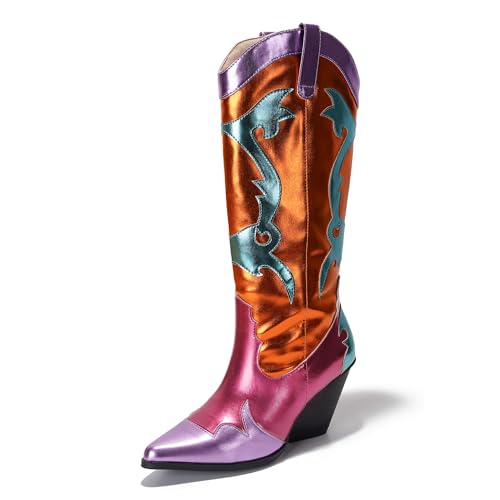 Cape Robbin Womens Metallic Colorblock Cowboy Boots Mid Calf 3 Inch Heel - Multicolor Western Boots with Pointed Toe & Comfort Footbed (Juliana) Orange 8