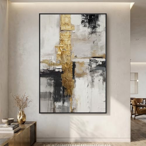 Extra Large Framed Black White Gold Abstract Wall Art, Vertical 40x60 In | Contemporary pictures, Canvas prints, Modern paintings, Artwork for walls, Wall decor for living room bedroom dining hallway