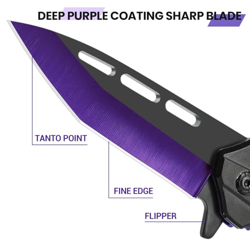 Image of FUNBRO Cool Pocket Knife for Men, Flipper Open Folding Knife with 3.4 inch Stainless Steel Sharp Blade, EDC Knives with Clip for Outdoor Camping Hiking, Gifts for Him Dad Husband (Deep Purple)