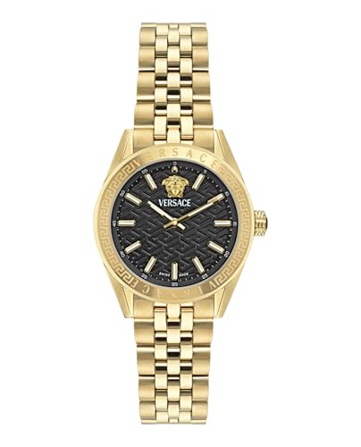 Versace V-Code Collection Luxury Womens Watch Timepieces with a Gold Bracelet and Case Featuring a Black Dial