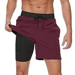 Arcweg Costume da Bagno da Uomo con Boxer Slip Foderato Pantaloncini da Bagno Fodera a Compressione 2 in 1 Pantaloncini da Spiaggia con Tasca con Cerniera Surf Bleu Marine+Vino Rosso L(EU)
