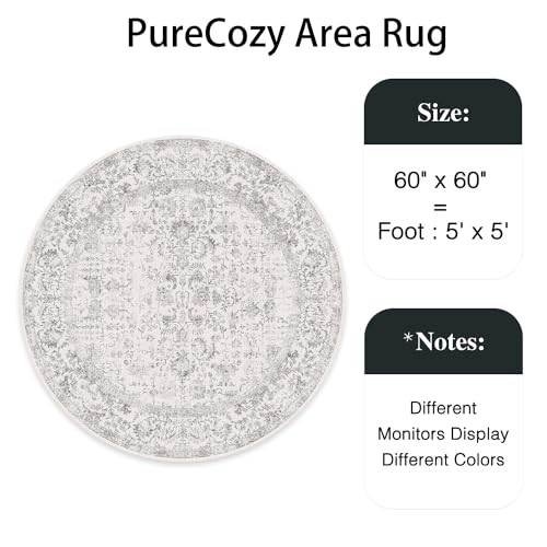 Grey Round Area Rug 5ft Entryway Door Mat Small Circle 5x5 Kitchen Vintage Carpet Non Slip Indoor Bedroom Washable Distressed Floral Retro Accent Throw Rug Office Bathroom