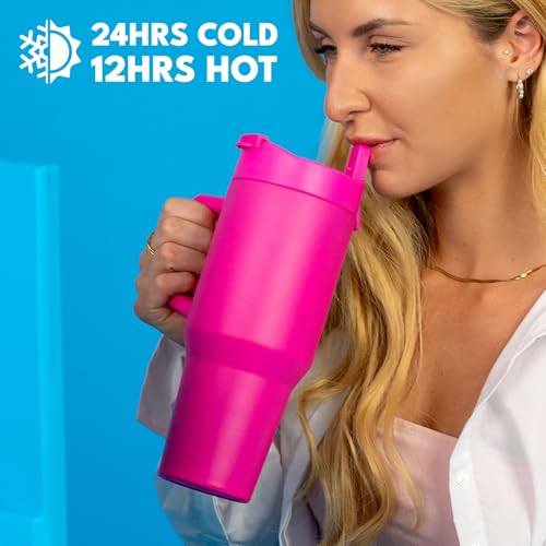 Image of Elemental 100% Leak Proof 32oz Tumbler with Handle & Straw Travel Mug | Stainless Steel Double Wall Insulated Tumbler for Hot and Cold Beverages with Sip & Straw Lid