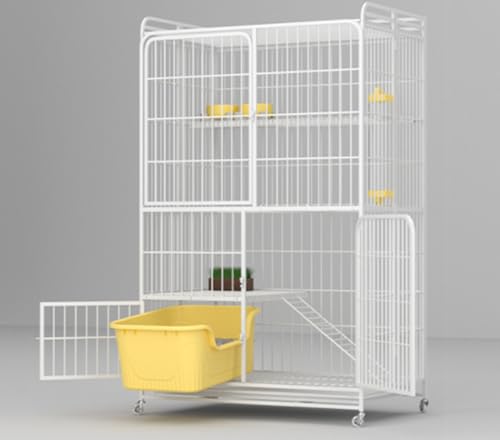 折りたたみ猫ケージ 大型 猫トイレ付き 頑丈スチール製 多段階 猫用折りたたみケージ 広々空間 猫砂トレイ付き 省スペース 家庭用 「トレイの色はランダムで」 (ホワイト, 4階 77×52×136cm)
