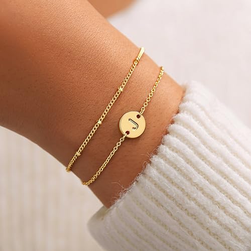 Inerney Personalized Gold Initial Bracelets for Women - Dainty 14K Gold Plated Layered Disc Monogram Charm Bracelet, Customizable A-Z Letter Jewelry Gift for Her2