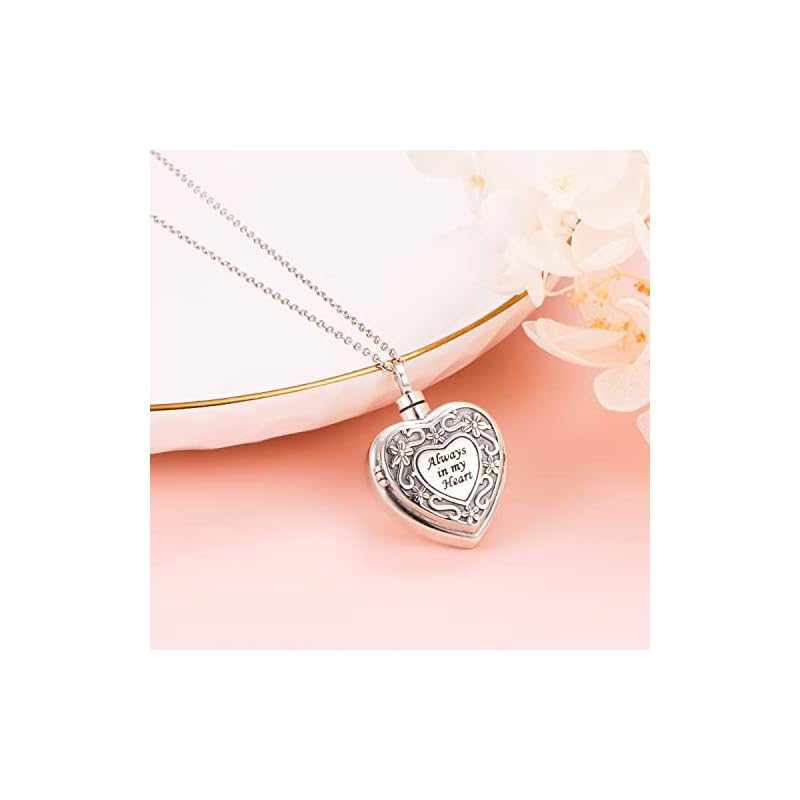 Ashes Locket that Hold Pictures Sterling Silver Urn Necklace for Ashes Always in My Heart Engraved Dainty Filigree Flower Heart Locket Pendant Necklace Memorial Keepsake Cremation Jewelry - Image 3