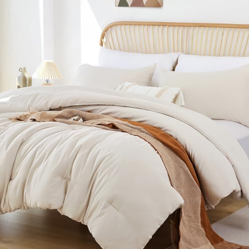 Image of ROSGONIA Oversized King Comforter 128x120, 3pcs Super King Plus (1 Beige Comforter & 2 Pillowcases) Lightweight Oversized Bedding Set Blanket