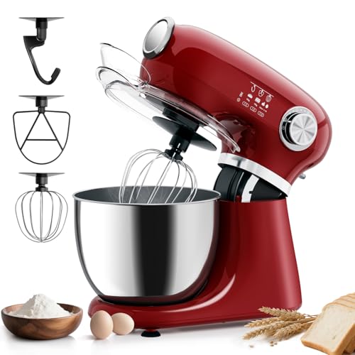 HAVATO Stand Mixer,12 Speed Tilt-Head Electric Mixer With 5.3 Quart Stainless Steel Mixing Bowl, Portable Kitchen Mixer With Whisk, Dough Hook, Beater & Baking Spatula, Red
