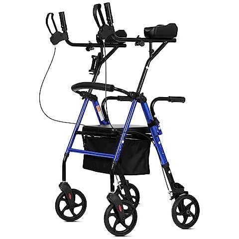ELENKER Upright Walker, Stand Up Rollator Walker with Padded Seat and Backrest, Lightweight, Compact Folding, Fully Adjustment Frame for Seniors, Blue Cover