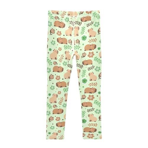 Cute Capybara Green Flowers Girls Leggings Soft Comfortable Athletic Leggings Dancing Pants for 4-10 Years2