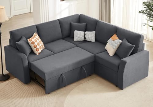 VanAcc Sofa Bed, 85 Inch Sleeper Couch with Storage Seat, L Shaped Sofa with Pull Out Sofa Bed, Sectional Couches for Living Room Apartment, Grey Linen Couch Sofa